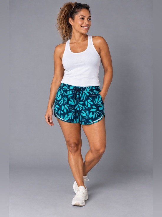 Columbia Pants - Columbia Women’s L Tropical Leaf Athletic Shorts Navy Teal Drawstring